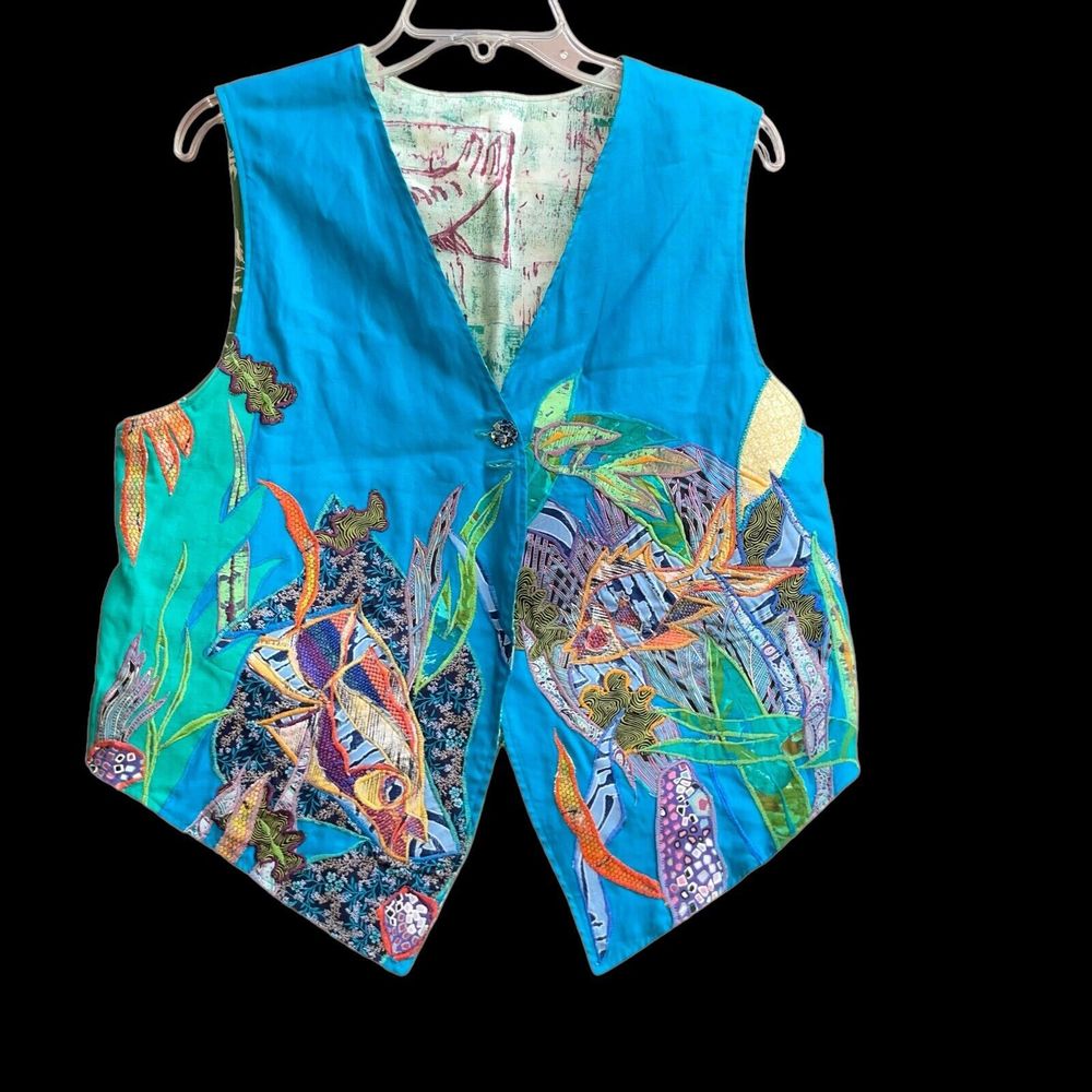 Handmade O/S Lagenlook OOAK Art to Wear Embroidered Fish Ocean Theme Vest - Picture 2 of 8